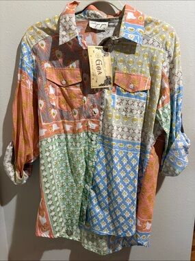 NWT Vintage Goa Patchwork Button-Up Shirt - Multicolor (size large)